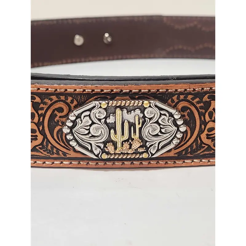 3D Belt Co. Men’s Embossed Floral Belt with Leather Tabs and Cactus-Themed Concho