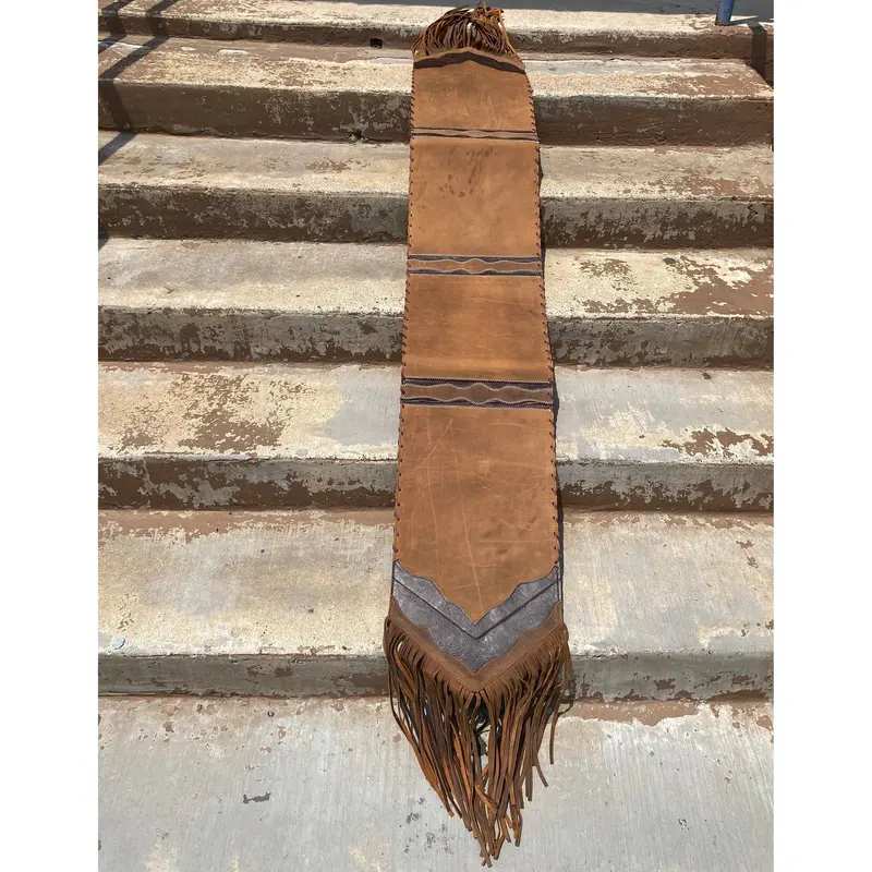 6-Foot Rustic Vintage-Style Tooled Leather Table Runner with Fringe