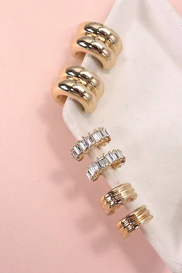 Baguette Stone Double-Hoop Huggie Earring Set