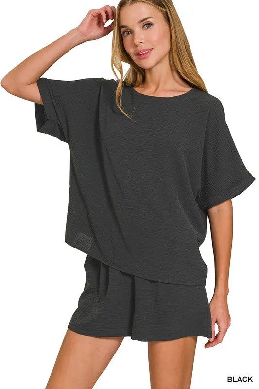 Black Airflow Coordinated Top and Shorts Set