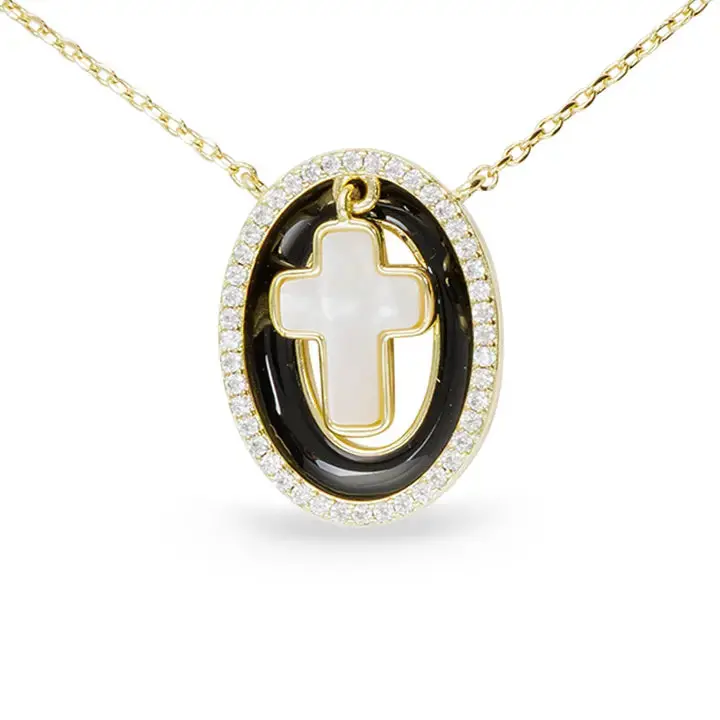 Black-Enamel Framed Classic Gold Cross Necklace