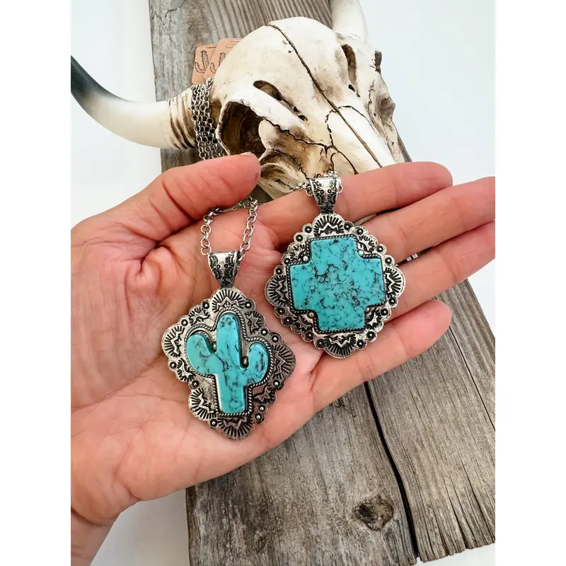 Cactus and Cross Stone Pendant Necklace – Western Symbolism