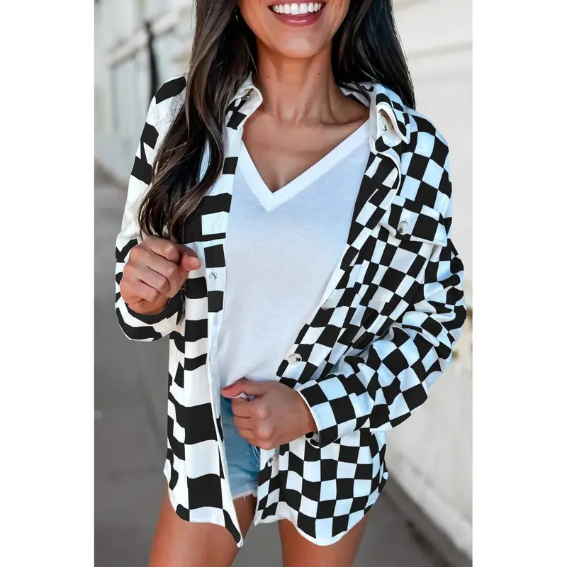 Checkerboard Shacket with Flap Pockets and Button-Front Closure