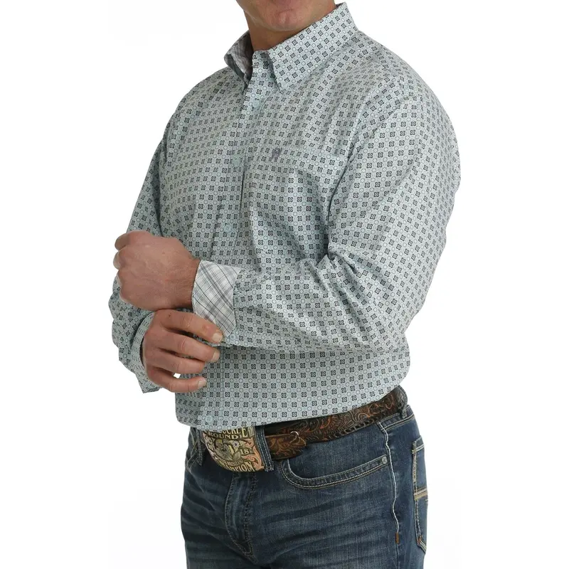 Cinch Men’s Light Blue Geometric-Print Long-Sleeve Shirt