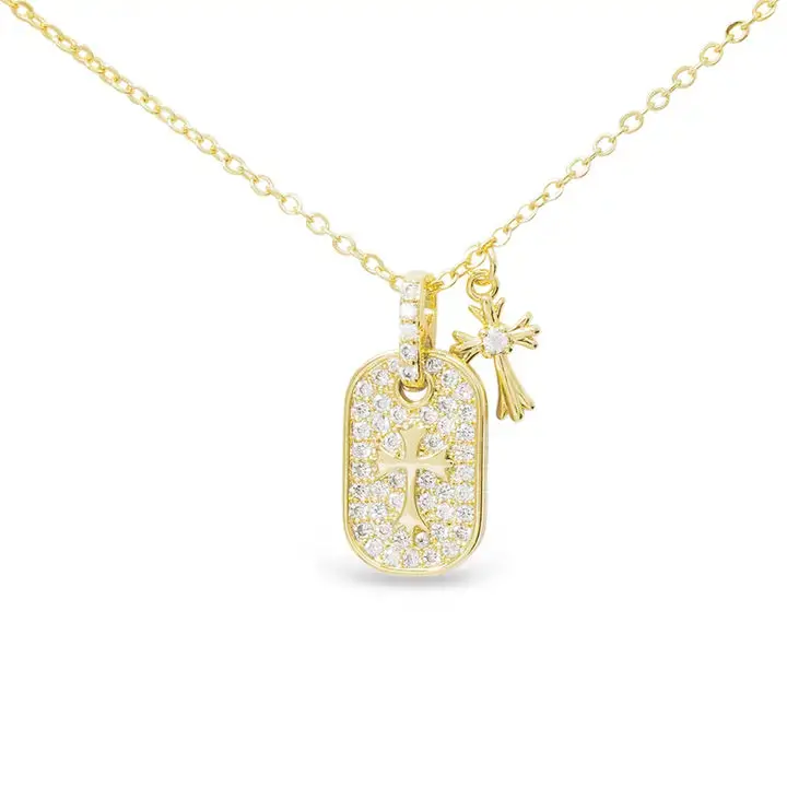 Classic Gold Cross Necklace with Double Paved Detailing
