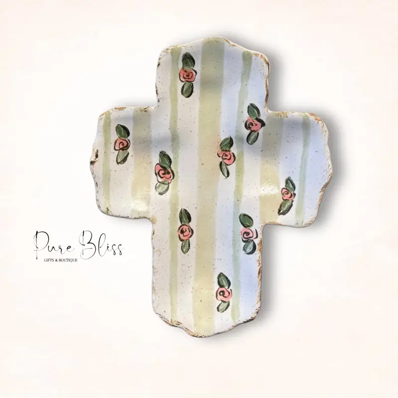 Cottage-Style Striped Cross Ceramic Mug – Sage Green