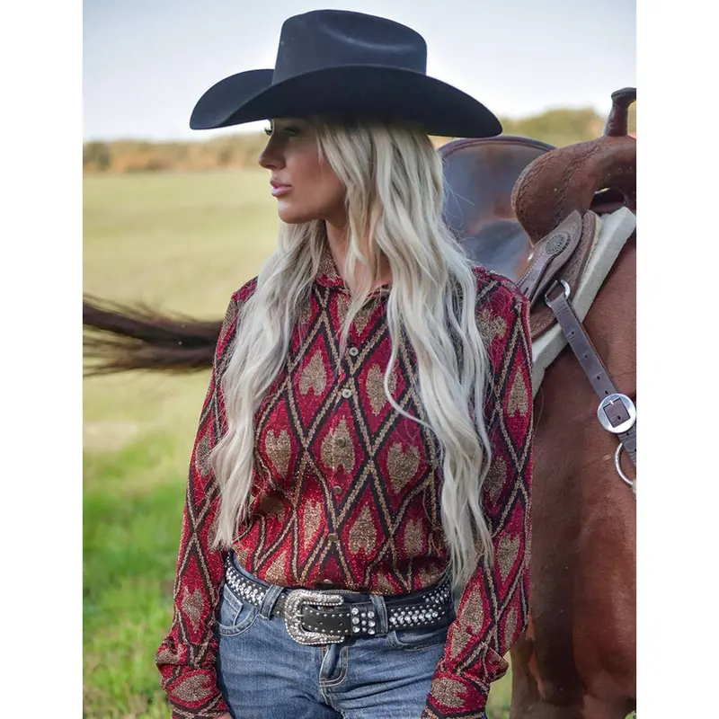 Cowgirl Tuff Pullover Western Shirt – Red Shimmery Diamond and Heart Embellishments