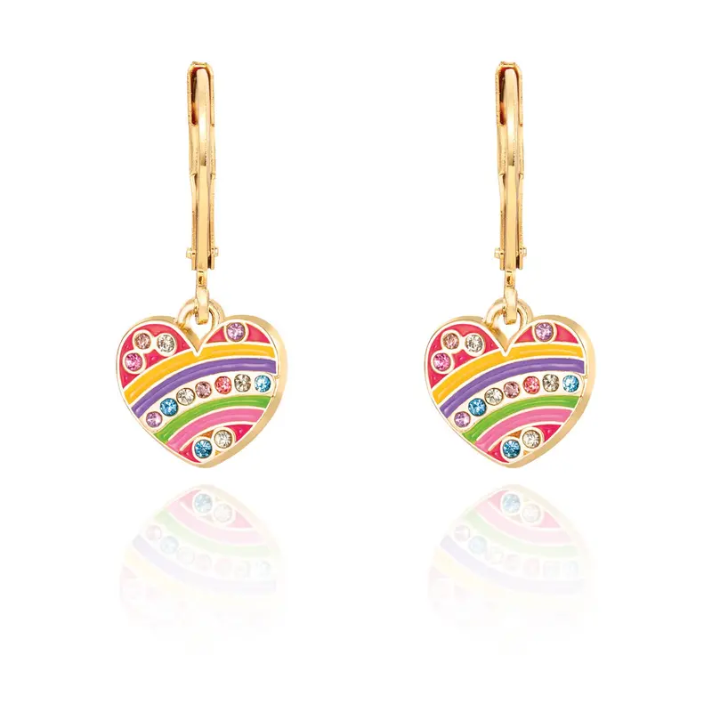 Crystal Rainbow Heart Dangle Earrings with Leverback Clasps