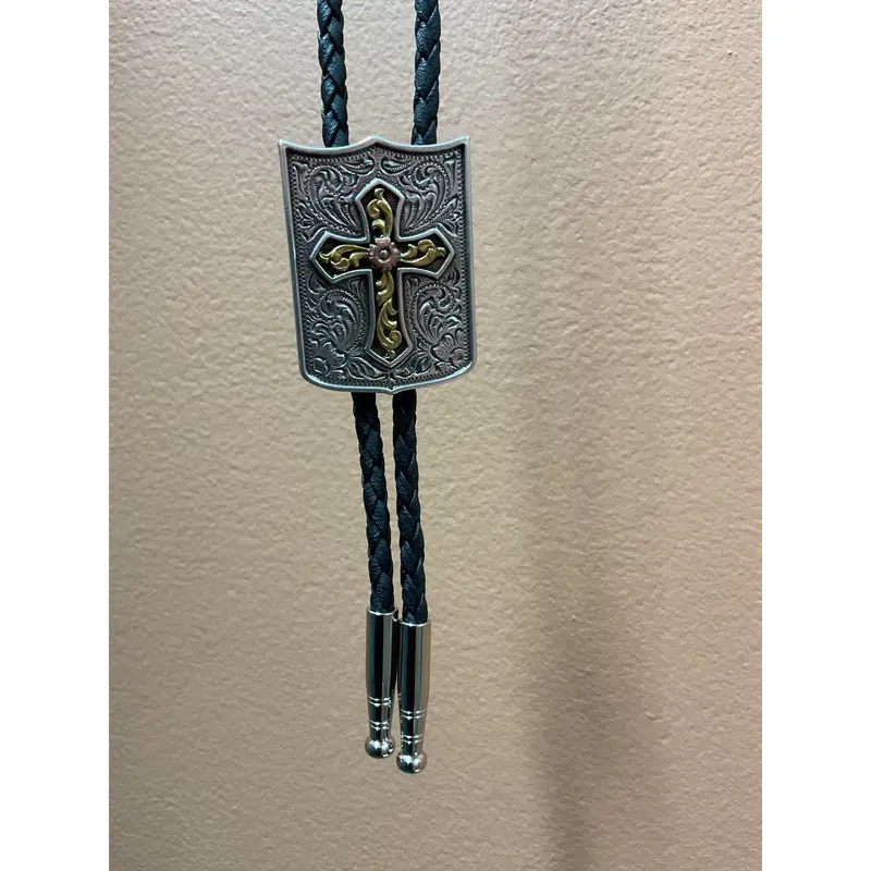 Double S Bolo Tie with Cross Shield Design – Handcrafted Western Accessory
