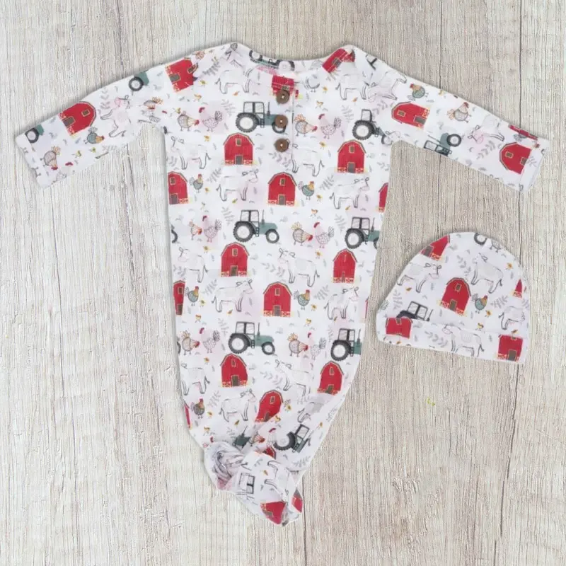 Down on the Farm Newborn Gown and Knit Beanie Set
