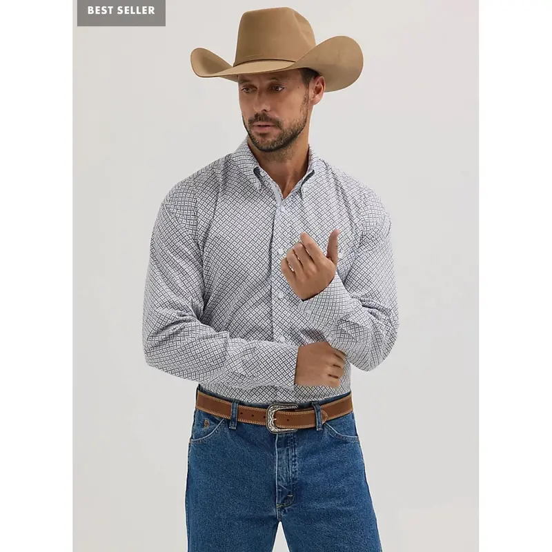 George Strait Men’s Long-Sleeve One-Pocket Button-Down – Bars White
