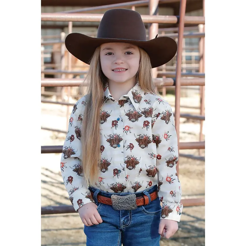 Girls’ Cream Highlander-Print Western Snap Shirt (CTW8040007)