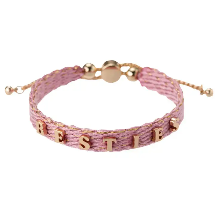 Girls’ Gold-Print ‘Besties’ Bracelet – Pink Woven Thread Design