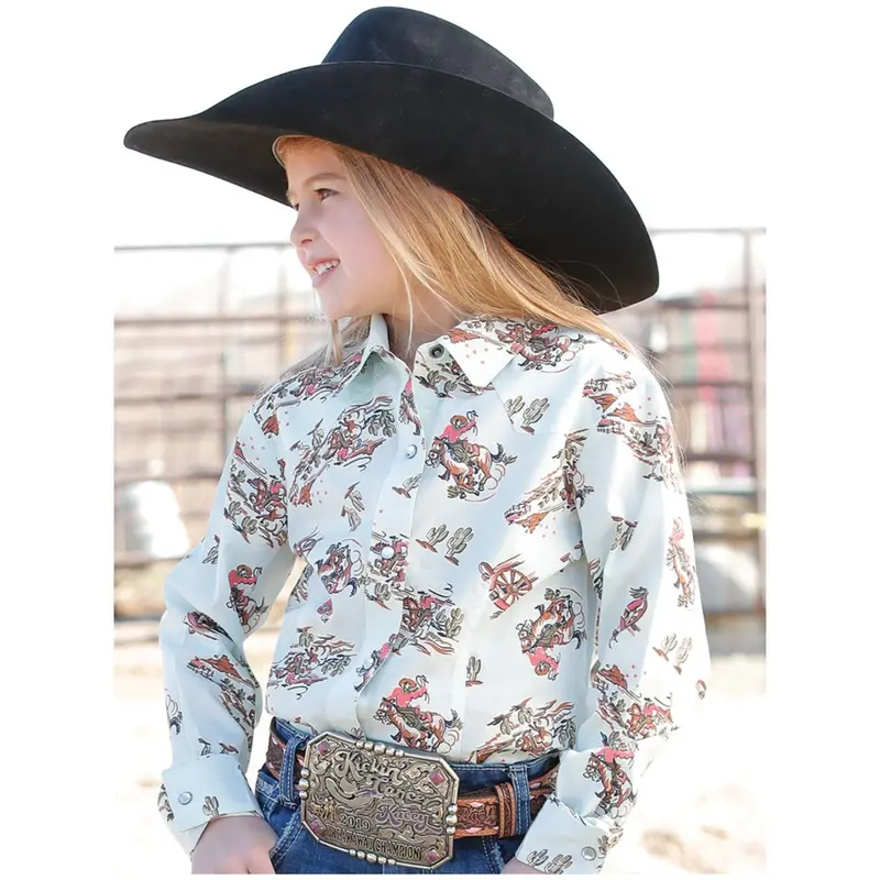 Girls’ Light Blue Cowgirl-Themed Snap-Front Western Shirt