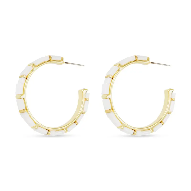 Gold Flat Bead Hoop Earrings with White Geometric Pattern