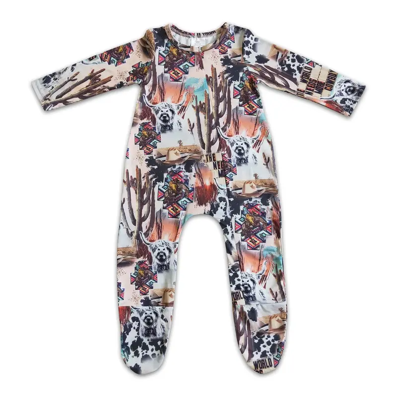Highland Cow & Cactus Print Footed Zip Coverall for Babies