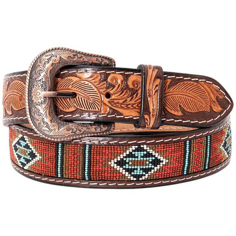 Hilason Red-Gold-Turquoise-White Beaded Men’s Belt – Tooled Leather Inlay – RIBT115