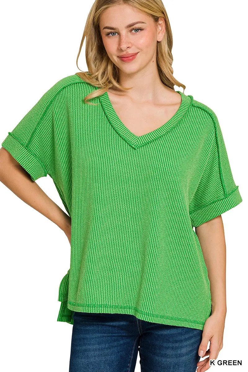 Kelly Green Ribbed Hi-Low V-Neck Short Sleeve Top