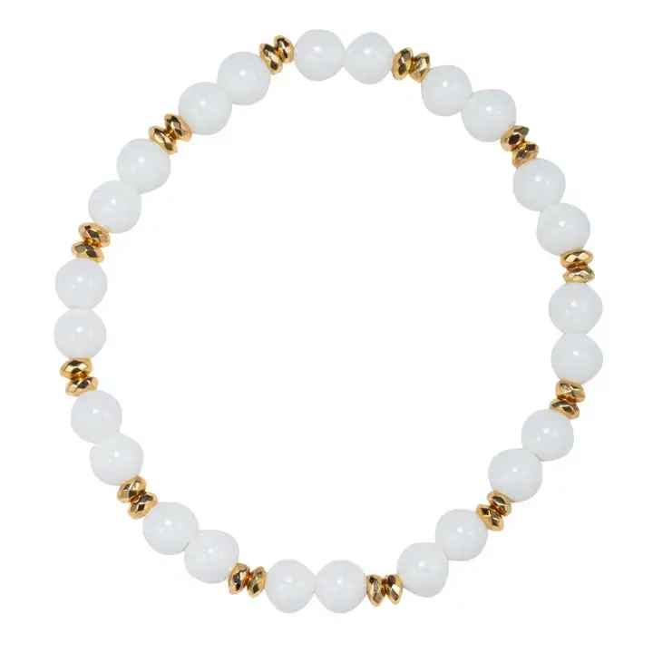 Mid-Length White Bead Stretch Bracelet with Gold Spacer Beads