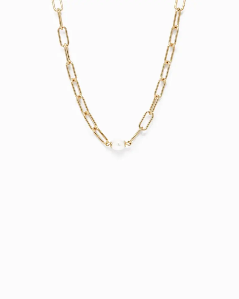 Minimalist Gold Paperclip Necklace with Freshwater Pearl Pendant