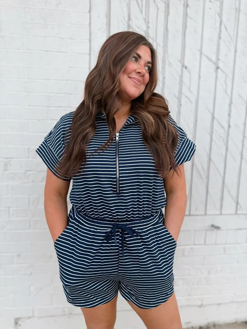 Navy and Cream Striped Knit Romper