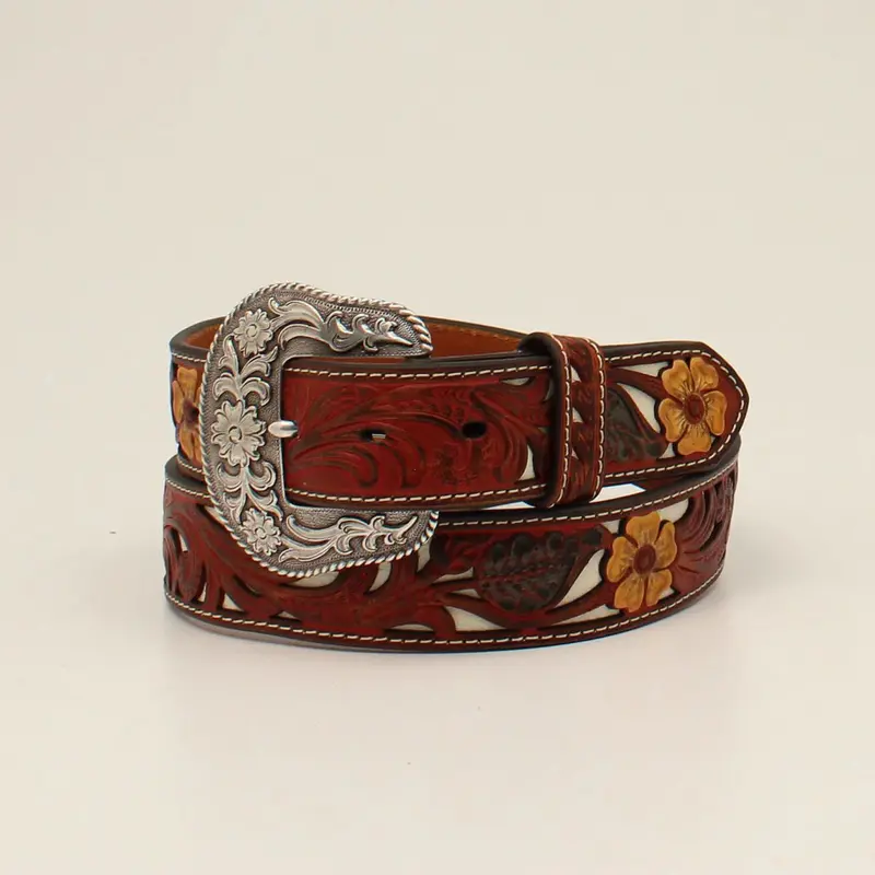 Nocona Women’s Two-Tone Floral Belt: Red Overlay on Cream Underlay