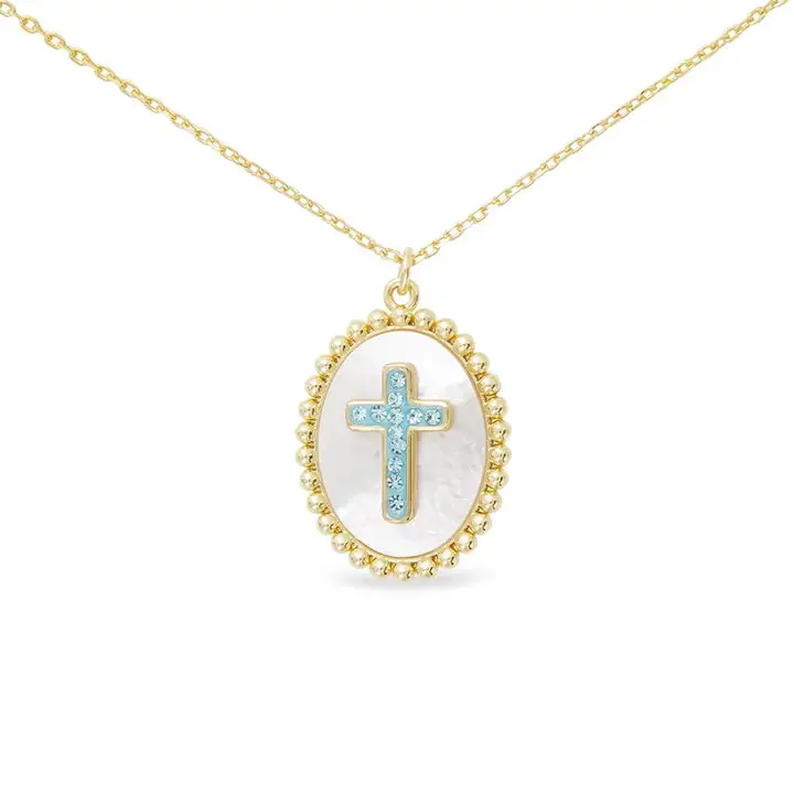 Oval Blue Stone Gold Cross Necklace