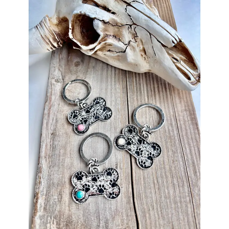 Paw-Print Dog Bone Metal Keychain