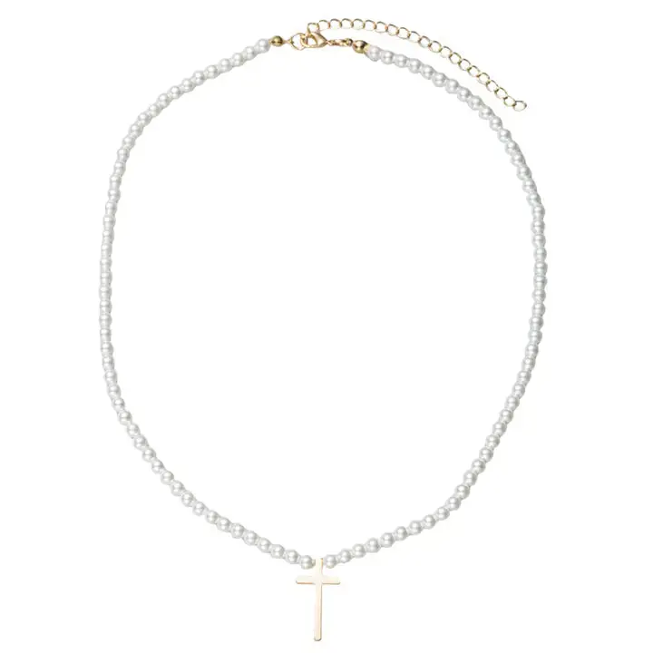 Pearl Beaded Necklace with Gold Cross Pendant