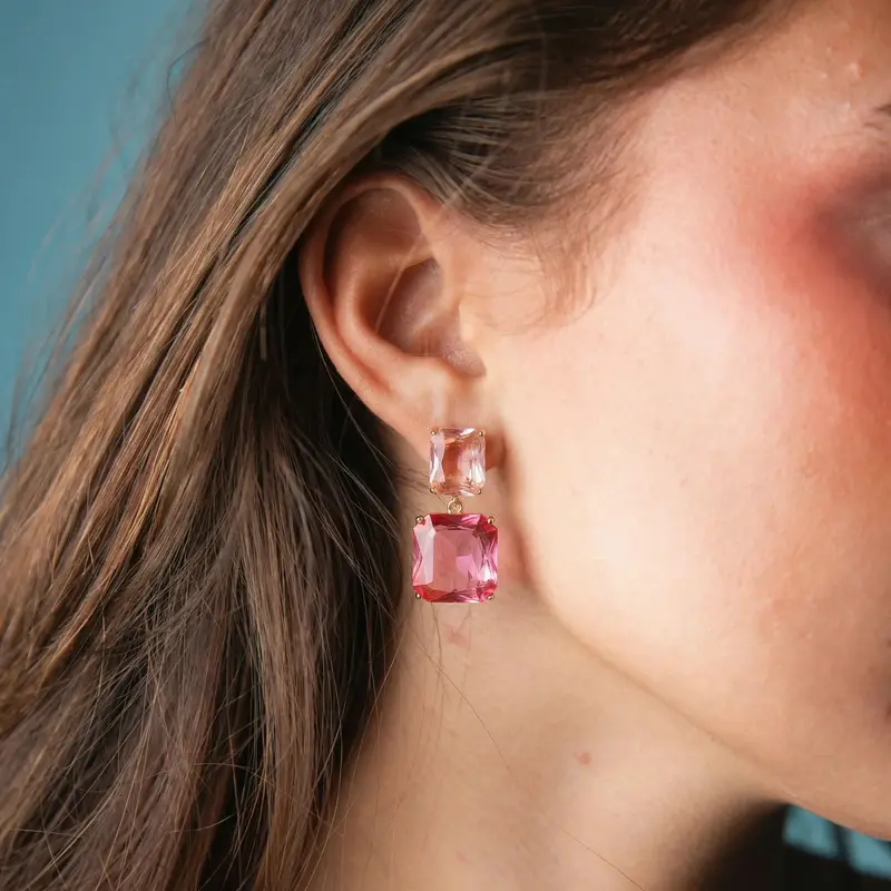 Pink Crystal Square Stud Earrings