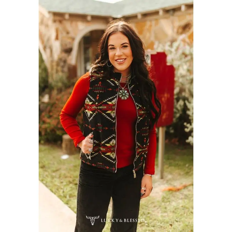 Plus-Size Quilted Vest with Black-and-Red Aztec Lining