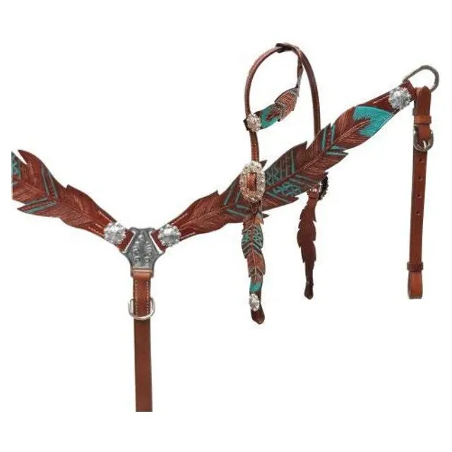 Showman Teal Painted Feather Cut-Out Headstall, Breast Collar & Reins Ensemble