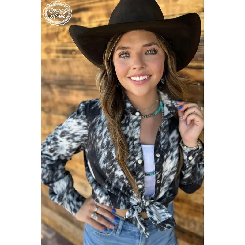 Sterling Kreek Cow Print Pearl-Snap Western Top