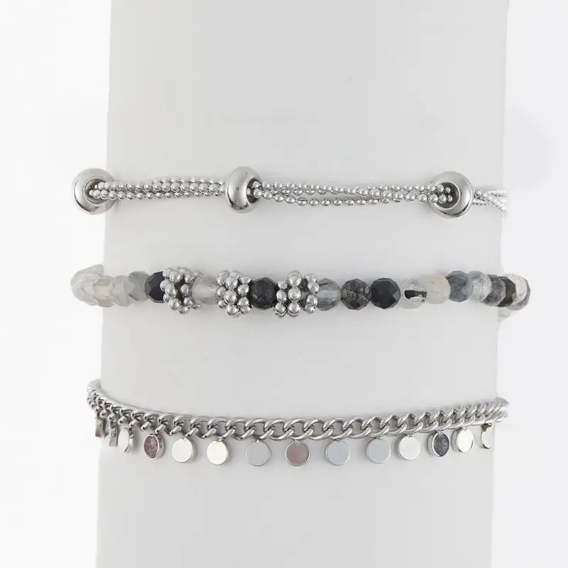 Sterling Silver Beaded Chain Bracelet Set – Elegant Mixed-Texture Stack