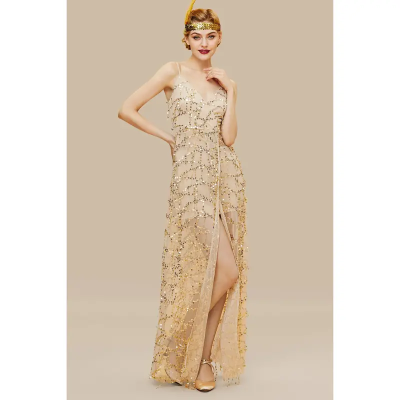Strappy Glittering Sequin Dress – High-Slit Evening Statement Gown