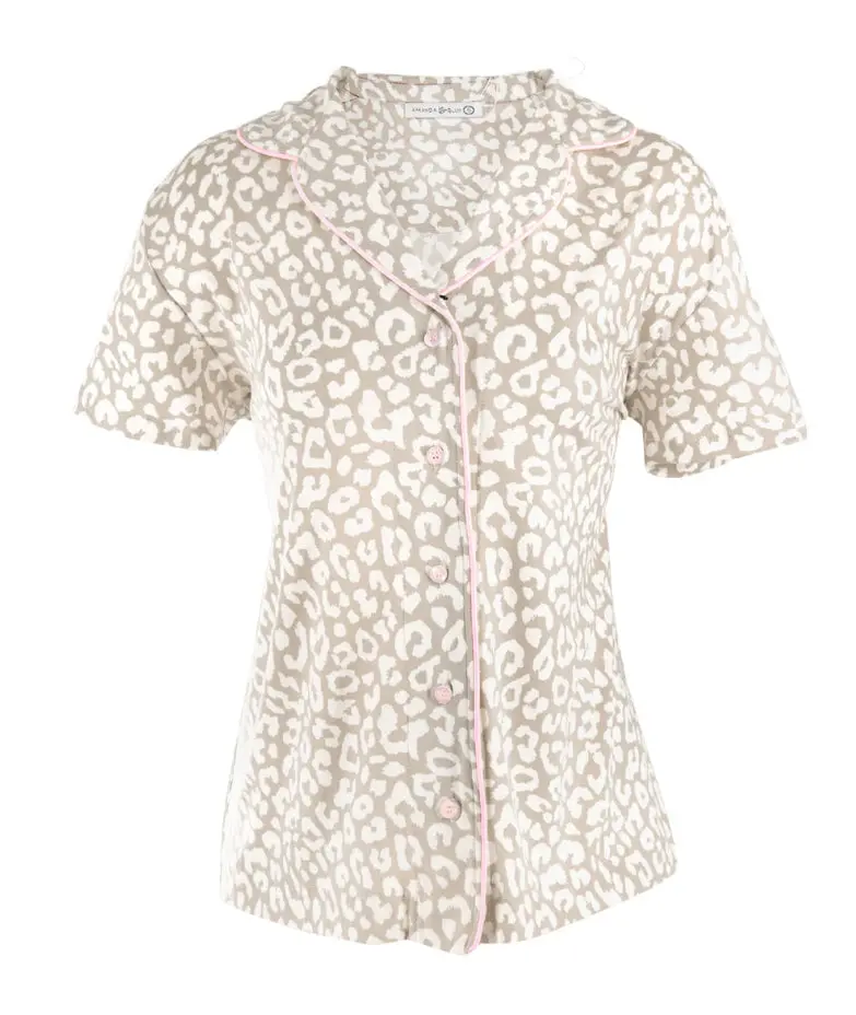 Taupe Leopard-Print Notch-Collar Pajama Top
