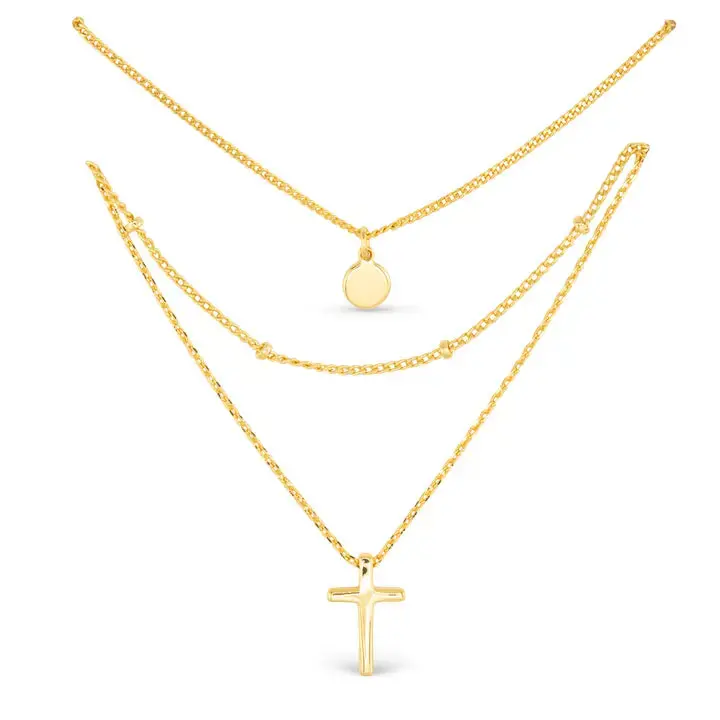 Tri-Layer Gold Cross Pendant Necklace