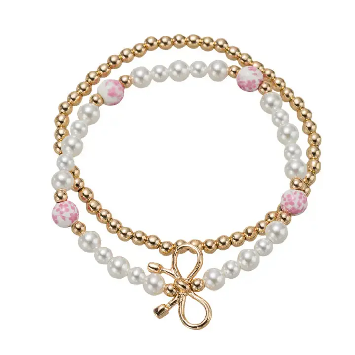 Twin Gold Bow Beaded Stretch Bracelet Set