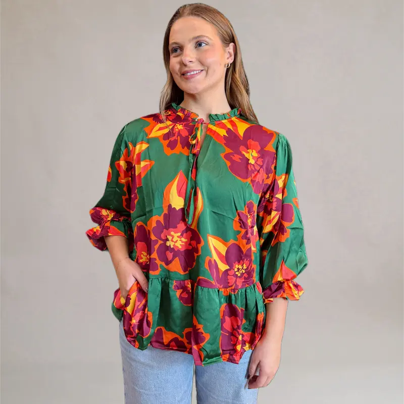 V-Neck Green Blend Blouse – Textured Casual Top