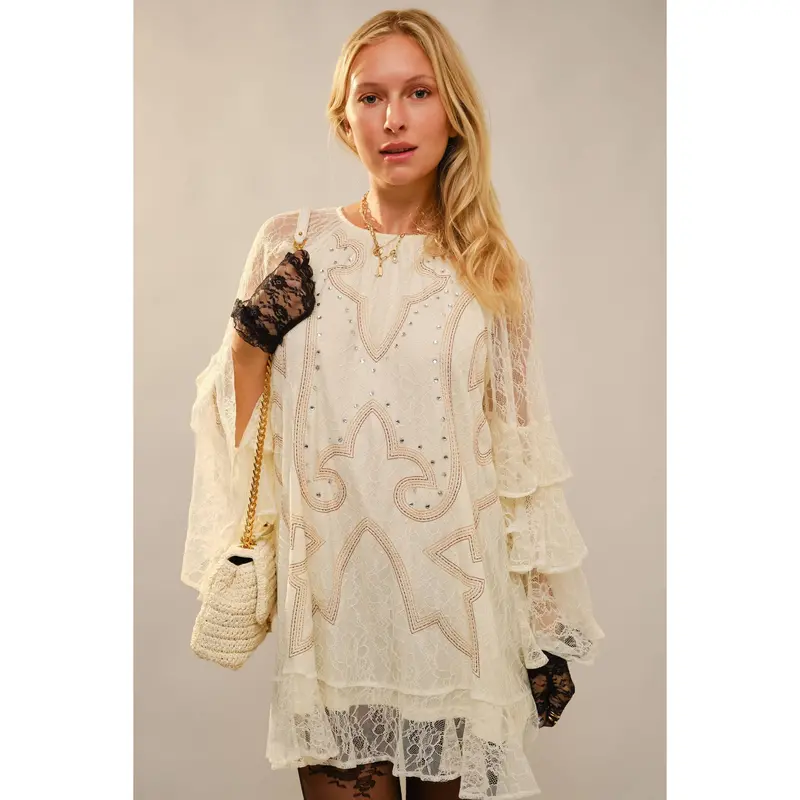Western-Style Embroidered Ruffle-Sleeve Dress – Round Neck, Style 23729D