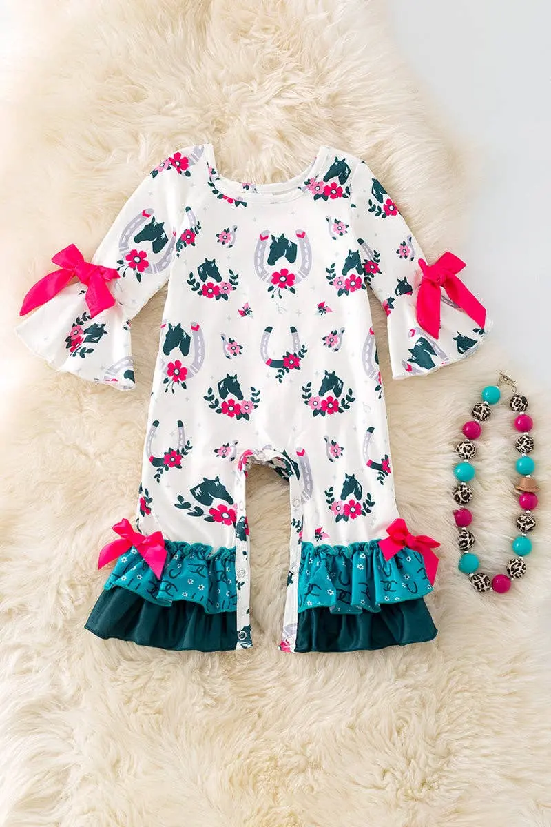 White Baby Romper with Horseshoe Print and Ruffled Hem (RPG52076)