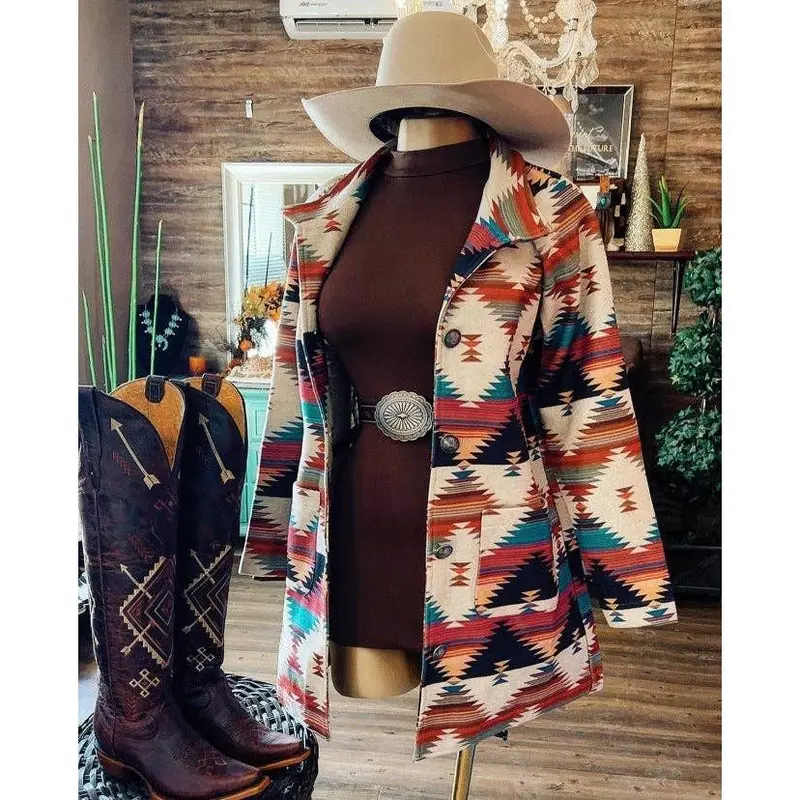 Women’s Western-Print Lapel Coat with Authentic Styling