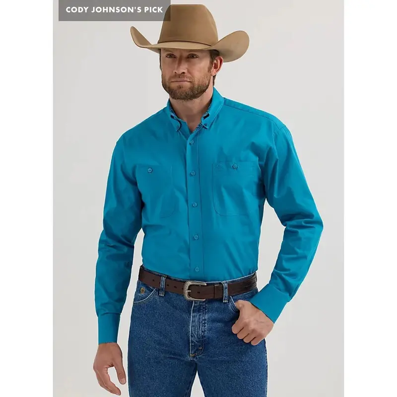 Wrangler George Strait Long-Sleeve Two-Pocket Button-Down Shirt – Teal Solid